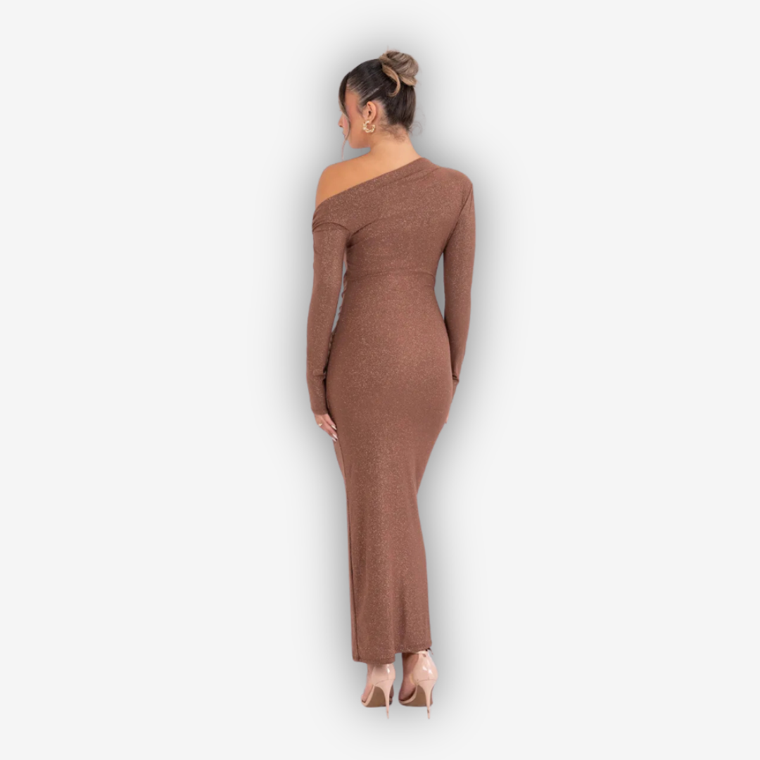 Luna Sparkle Maxi Dress – Ruched Backless Elegance