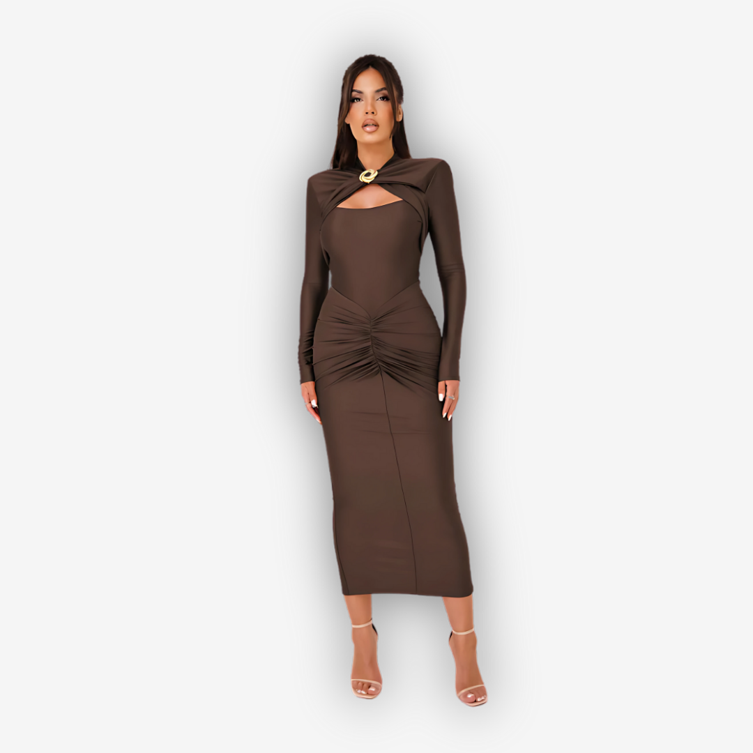 Aurora Hollow-Out Maxi Dress – Ruched Slit Glamour