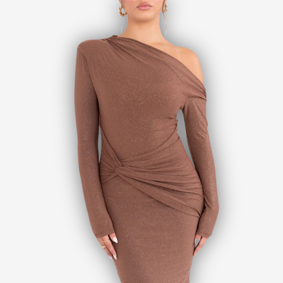 Luna Sparkle Maxi Dress – Ruched Backless Elegance