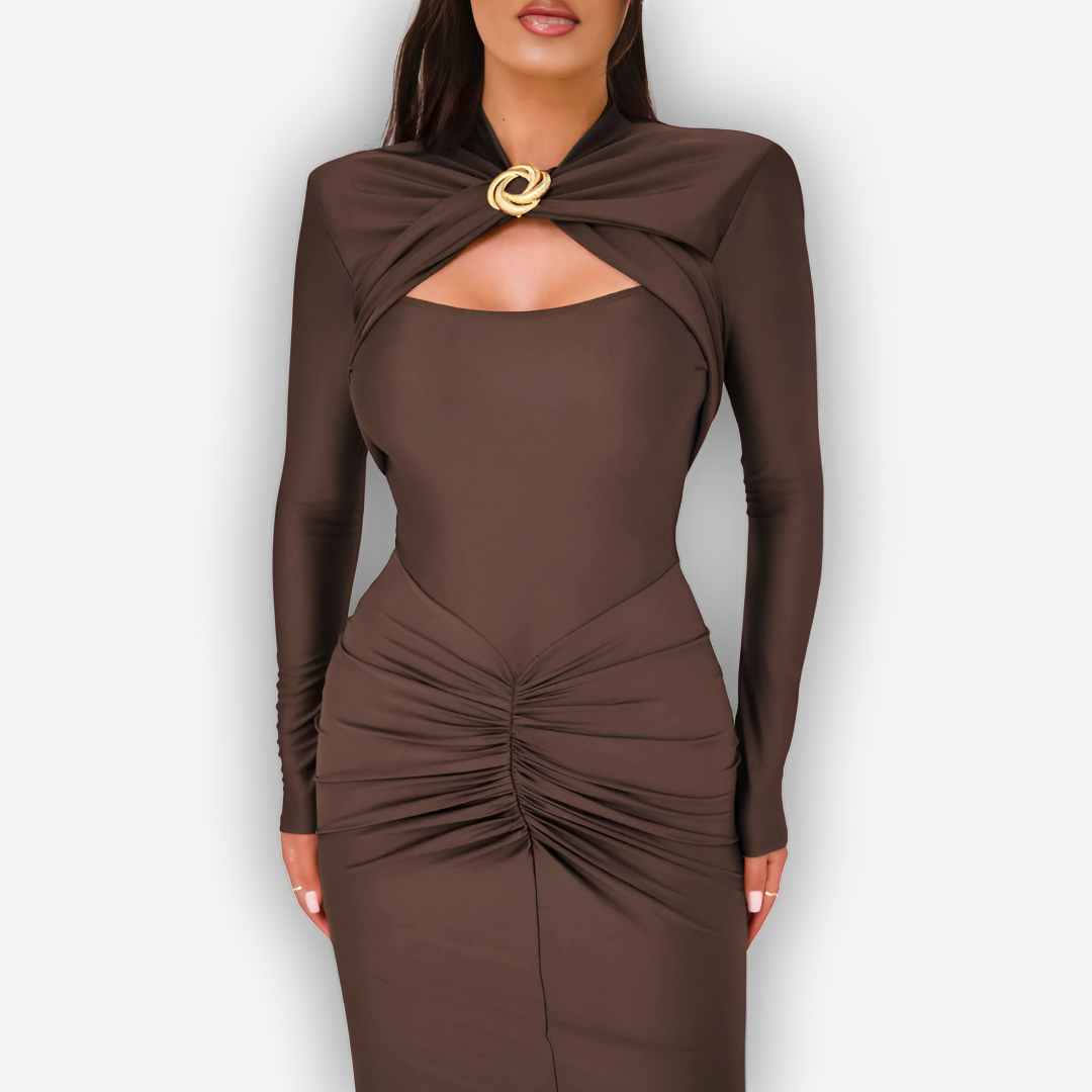 Aurora Hollow-Out Maxi Dress – Ruched Slit Glamour