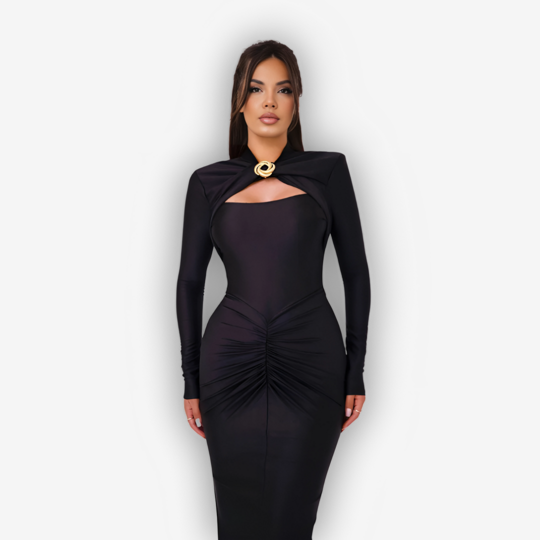 Aurora Hollow-Out Maxi Dress – Ruched Slit Glamour