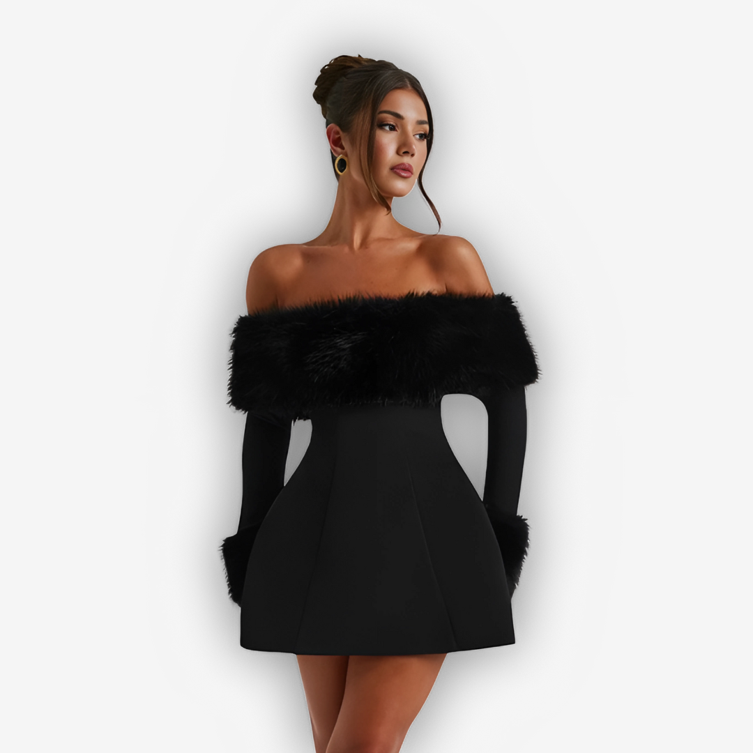 Amara Feather Mini Dress – Strapless Off-Shoulder Chic