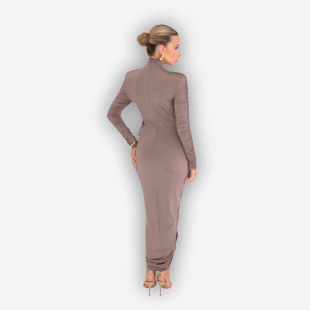 Noelle Ruched Maxi Dress – Drawstring Turtleneck Elegance