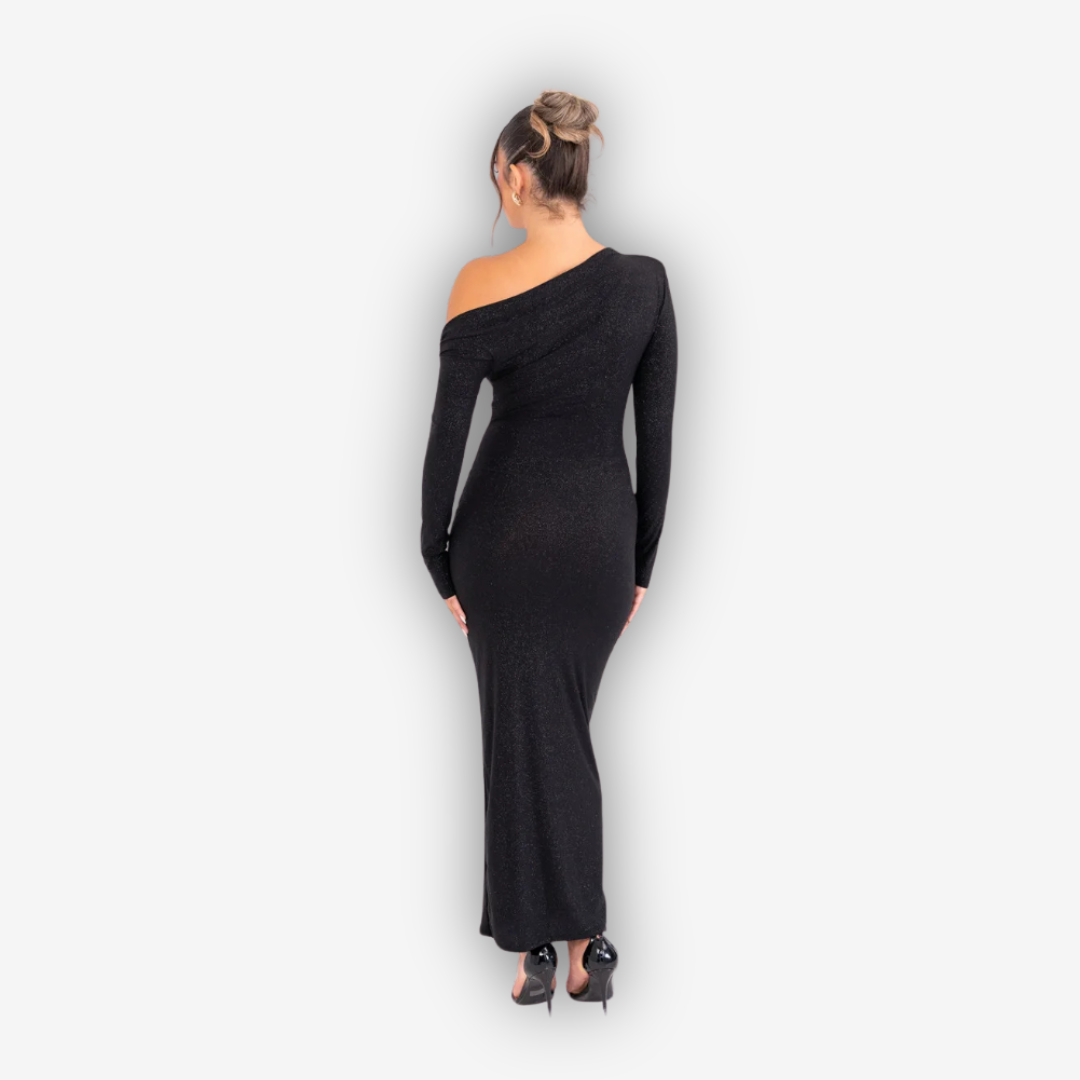 Luna Sparkle Maxi Dress – Ruched Backless Elegance