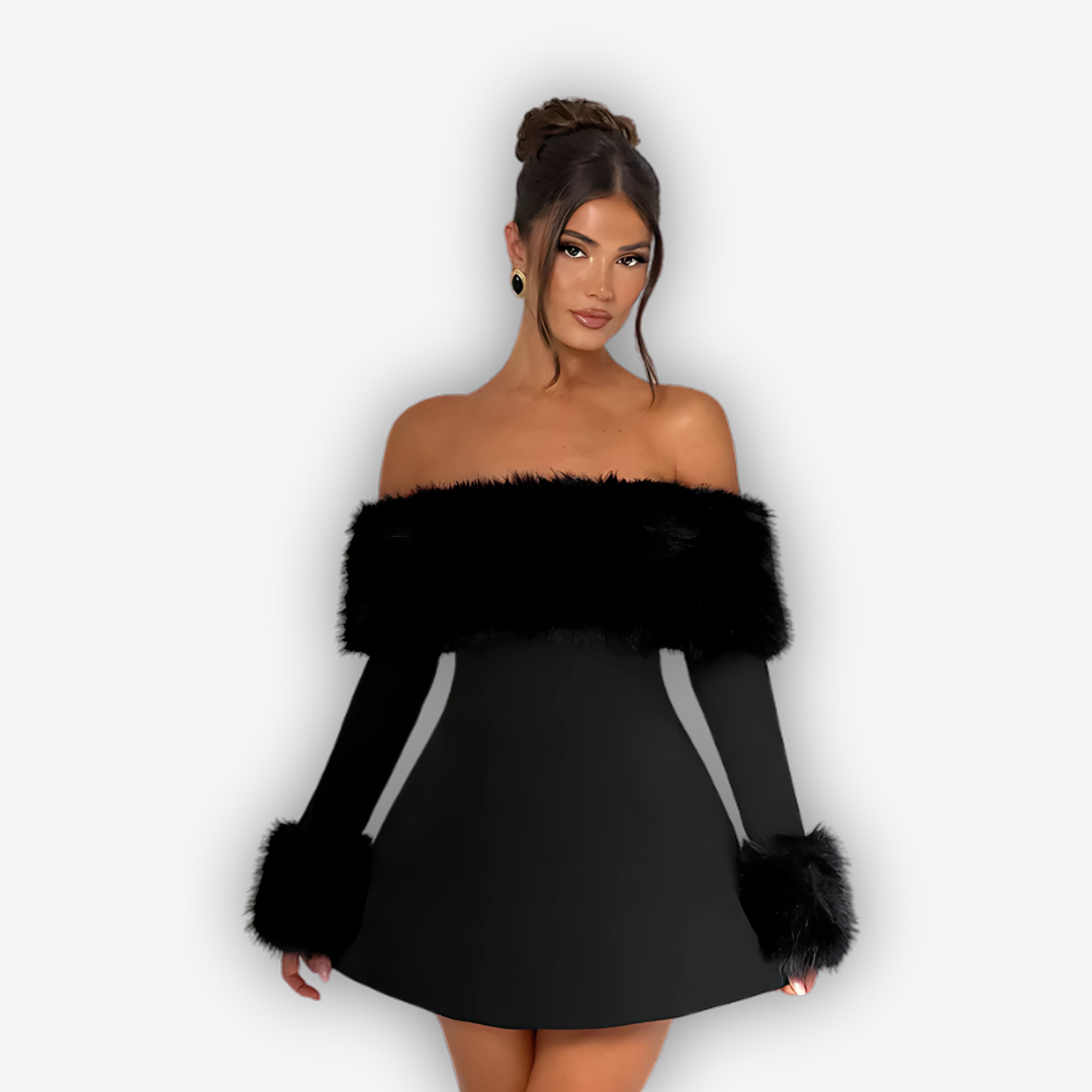 Amara Feather Mini Dress – Strapless Off-Shoulder Chic