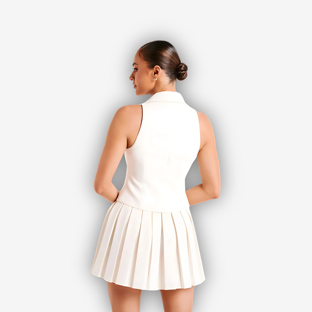 Chloe Pleated Skirt Set – V-Neck Sleeveless Elegance