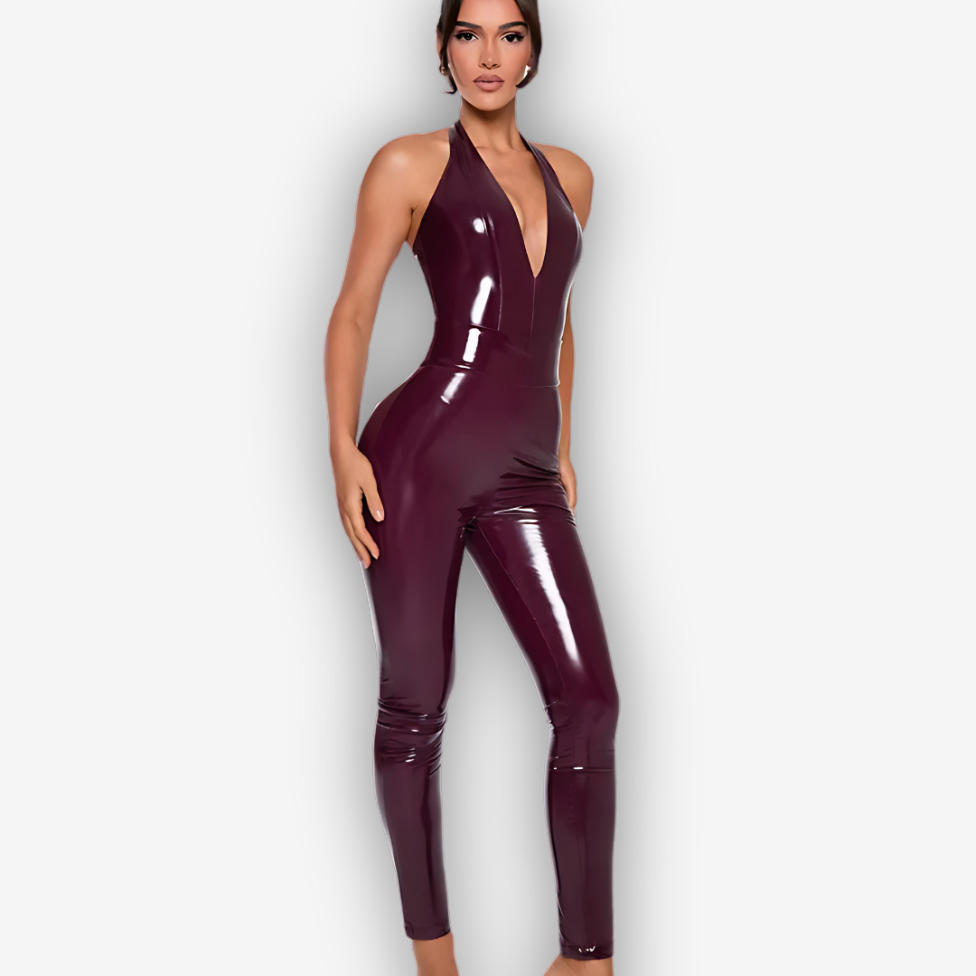 Vivienne PU Leather Jumpsuit – Halter Backless Bold