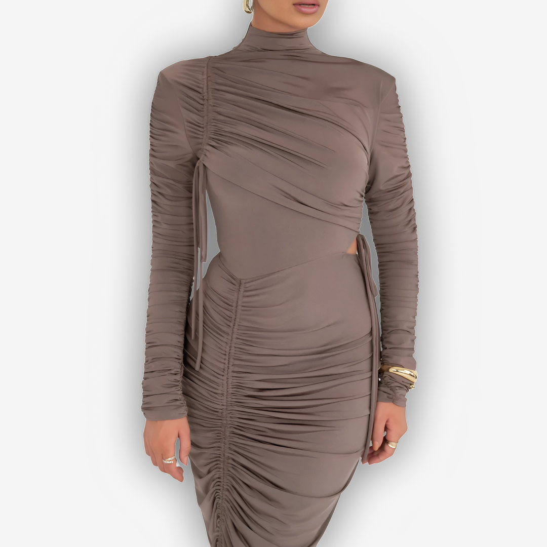 Noelle Ruched Maxi Dress – Drawstring Turtleneck Elegance
