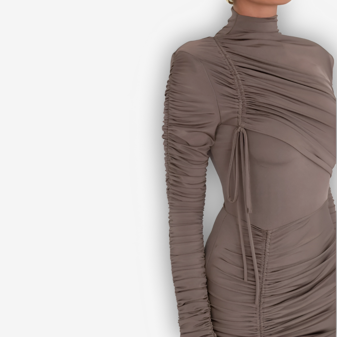 Noelle Ruched Maxi Dress – Drawstring Turtleneck Elegance