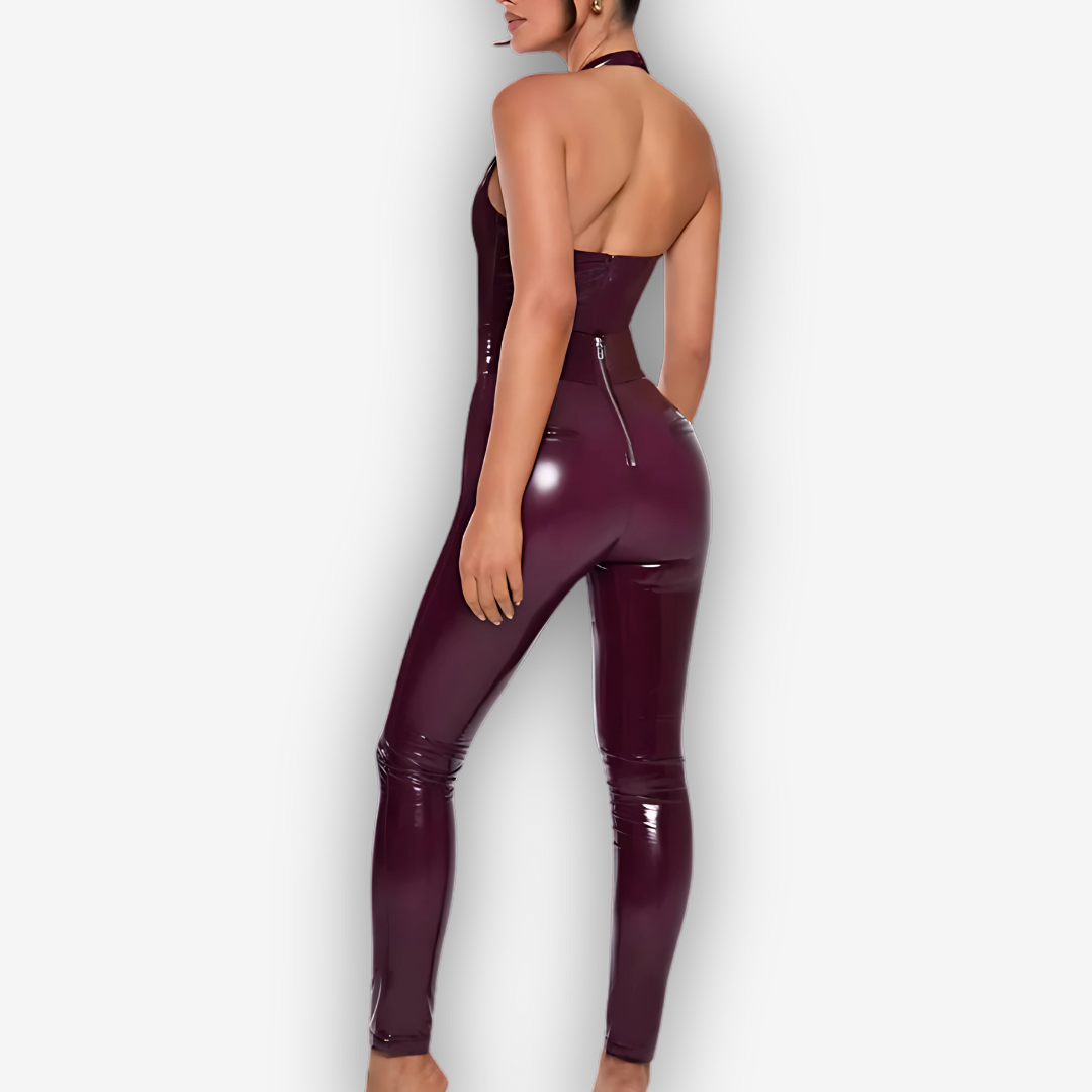 Vivienne PU Leather Jumpsuit – Halter Backless Bold