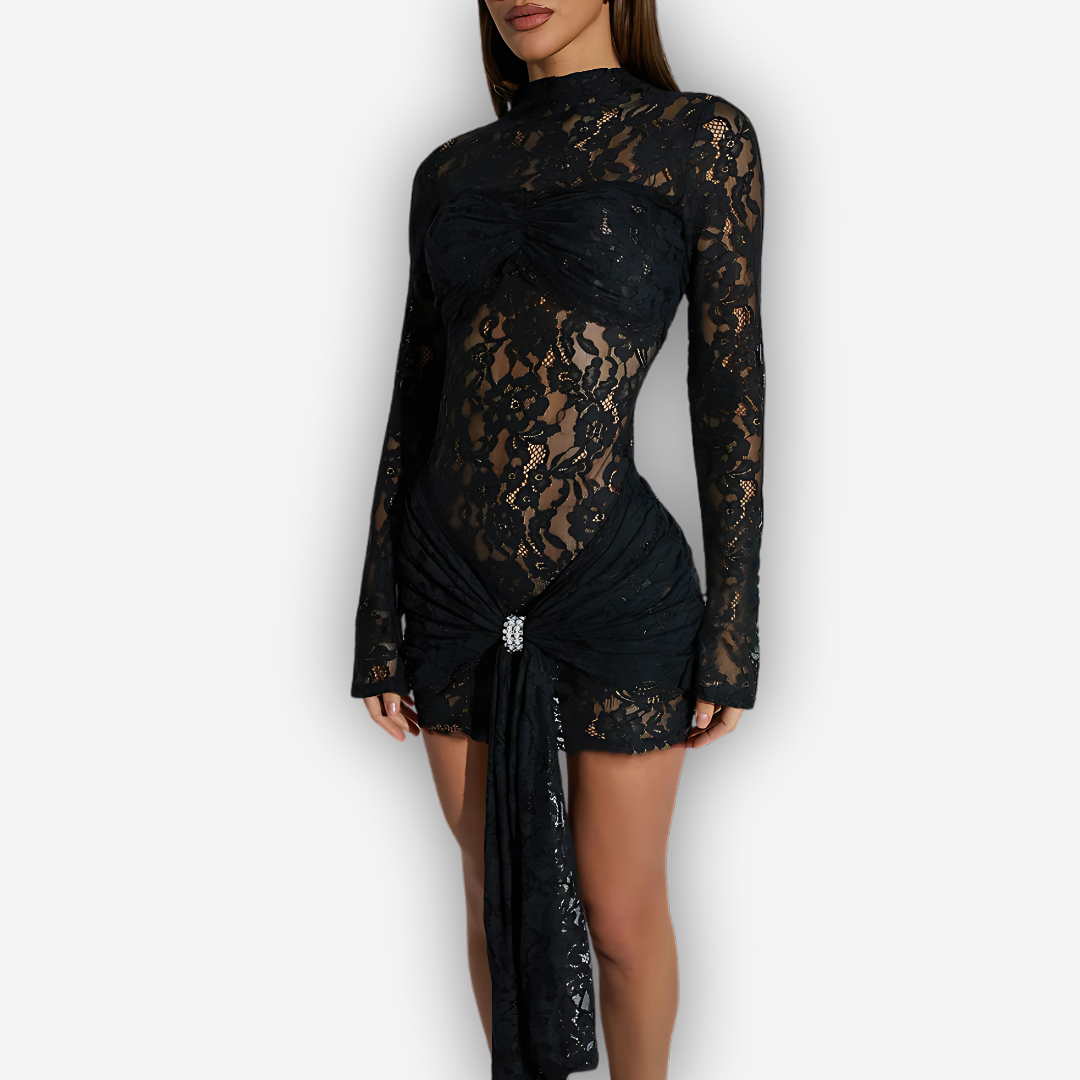 Selena Lace Mini Dress – Ruched Black Elegance
