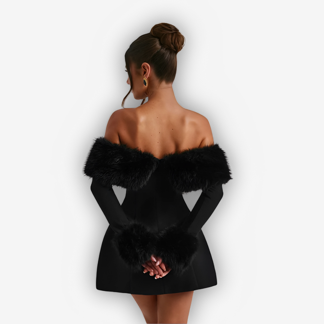 Amara Feather Mini Dress – Strapless Off-Shoulder Chic
