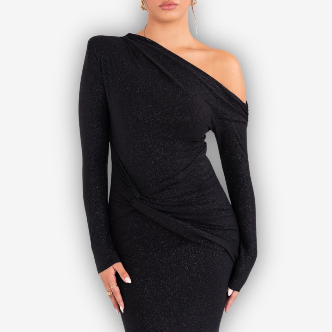 Luna Sparkle Maxi Dress – Ruched Backless Elegance