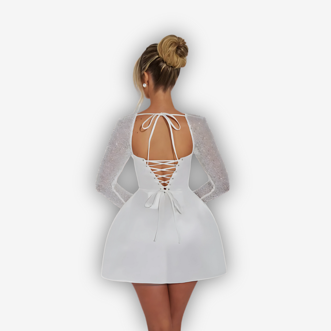 Stella Glitter Mini Dress – Lace-Up A-Line Glam