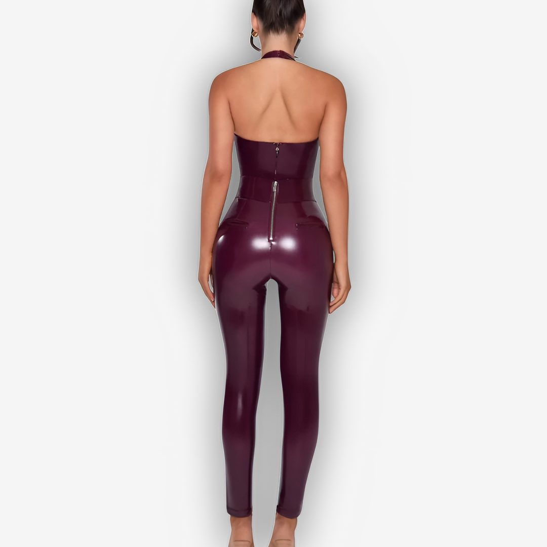 Vivienne PU Leather Jumpsuit – Halter Backless Bold