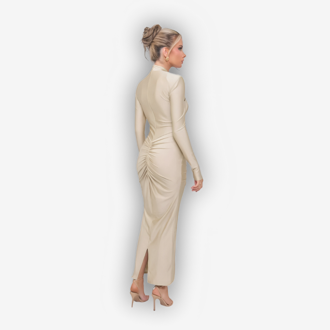 Aurora Hollow-Out Maxi Dress – Ruched Slit Glamour