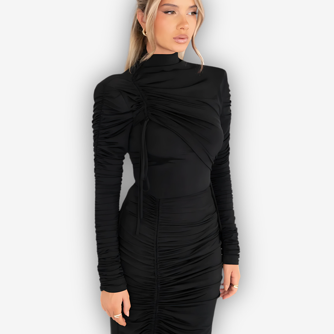 Noelle Ruched Maxi Dress – Drawstring Turtleneck Elegance