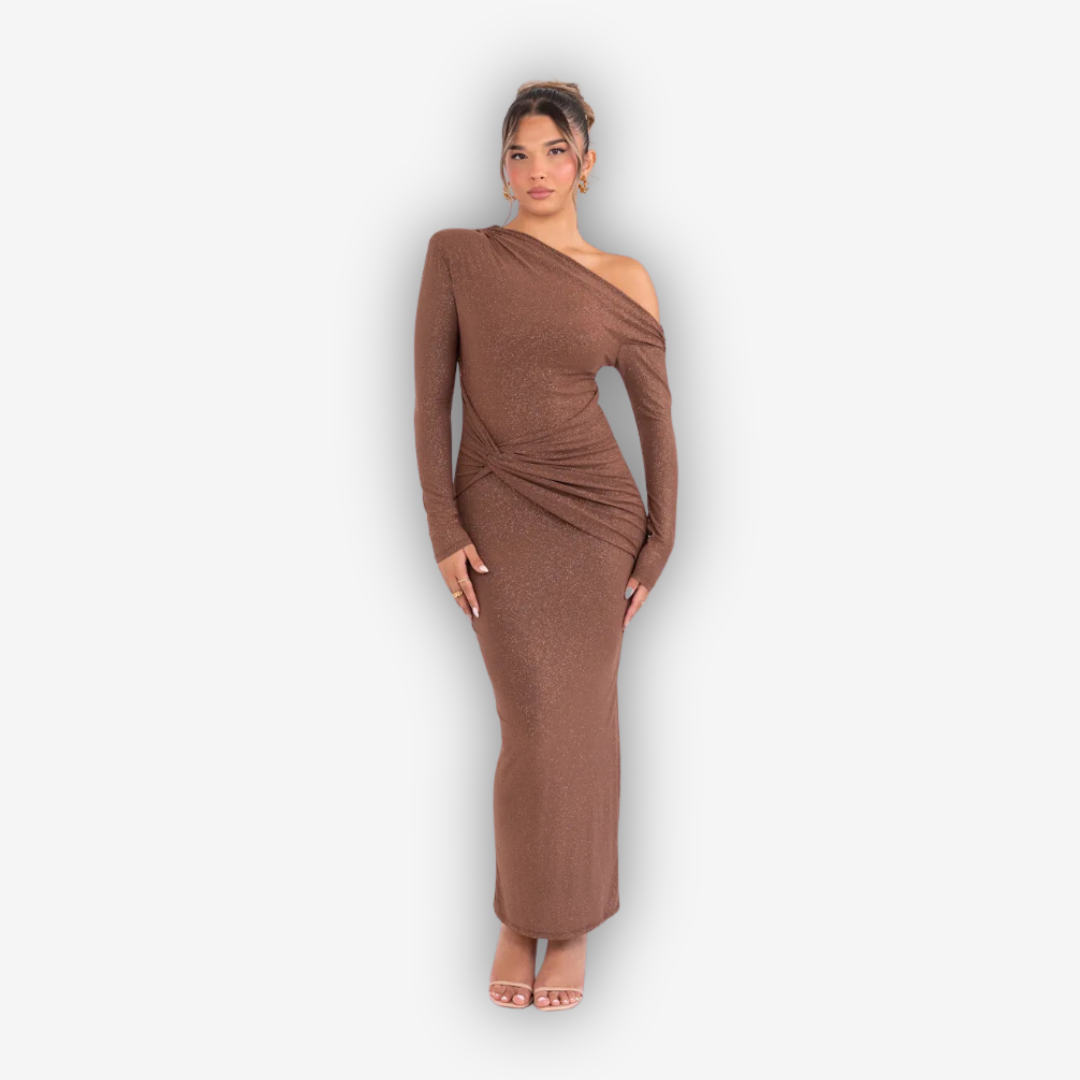 Luna Sparkle Maxi Dress – Ruched Backless Elegance