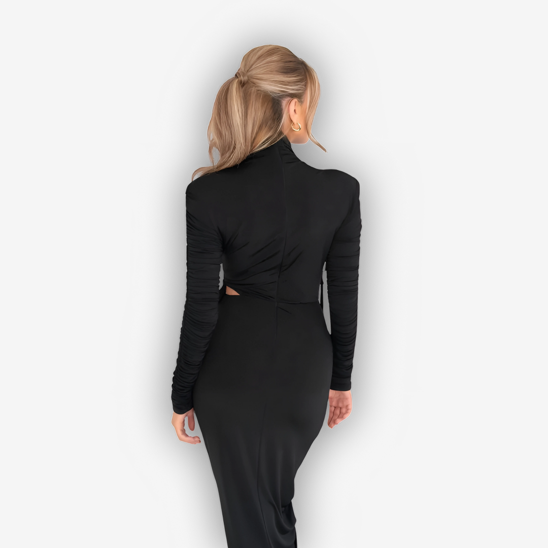 Noelle Ruched Maxi Dress – Drawstring Turtleneck Elegance