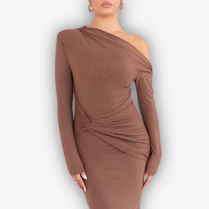 Luna Sparkle Maxi Dress – Ruched Backless Elegance
