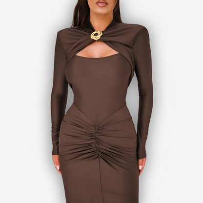 Aurora Hollow-Out Maxi Dress – Ruched Slit Glamour