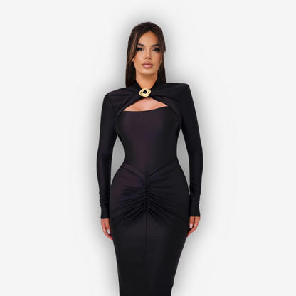 Aurora Hollow-Out Maxi Dress – Ruched Slit Glamour