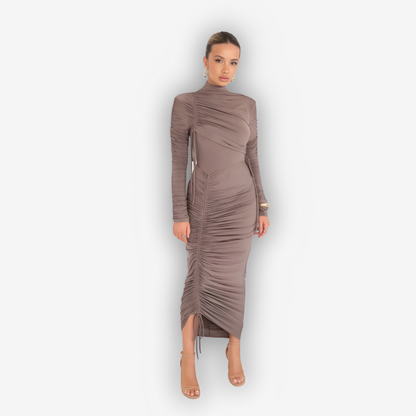 Noelle Ruched Maxi Dress – Drawstring Turtleneck Elegance