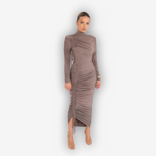 Noelle Ruched Maxi Dress – Drawstring Turtleneck Elegance