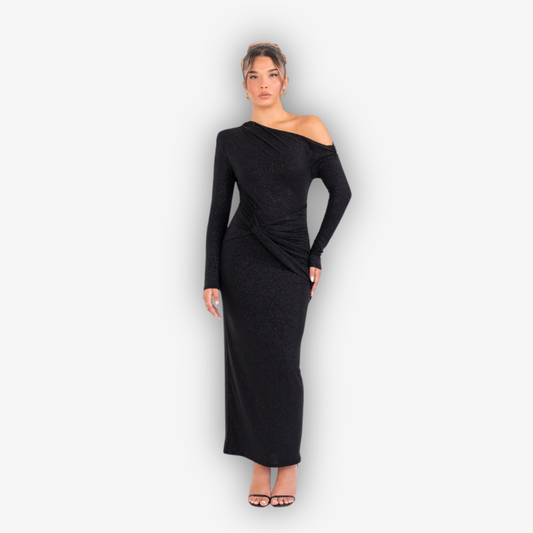 Luna Sparkle Maxi Dress – Ruched Backless Elegance