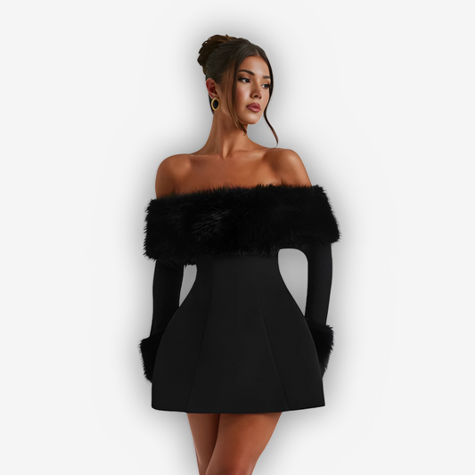 Amara Feather Mini Dress – Strapless Off-Shoulder Chic
