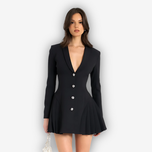 Diana Blazer Mini Dress – V-Neck Single-Breasted Elegance
