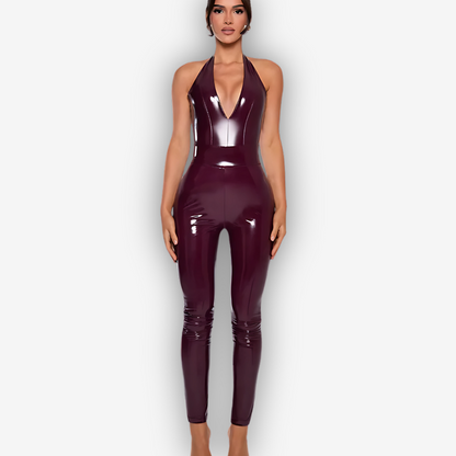 Vivienne PU Leather Jumpsuit – Halter Backless Bold