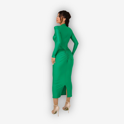 Aurora Hollow-Out Maxi Dress – Ruched Slit Glamour