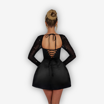 Stella Glitter Mini Dress – Lace-Up A-Line Glam