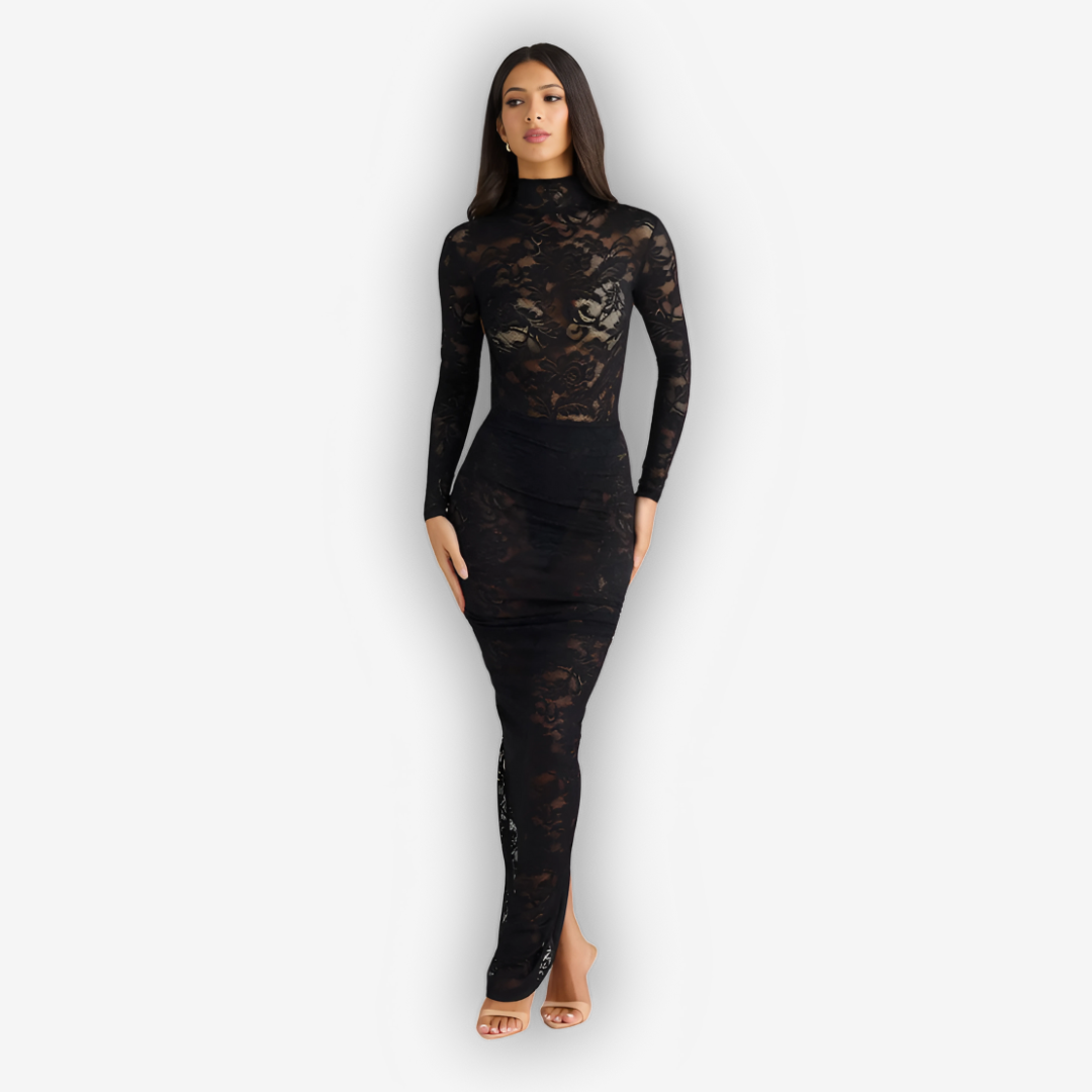 Flora Lace Two-Piece Set – Turtleneck & Maxi Skirt